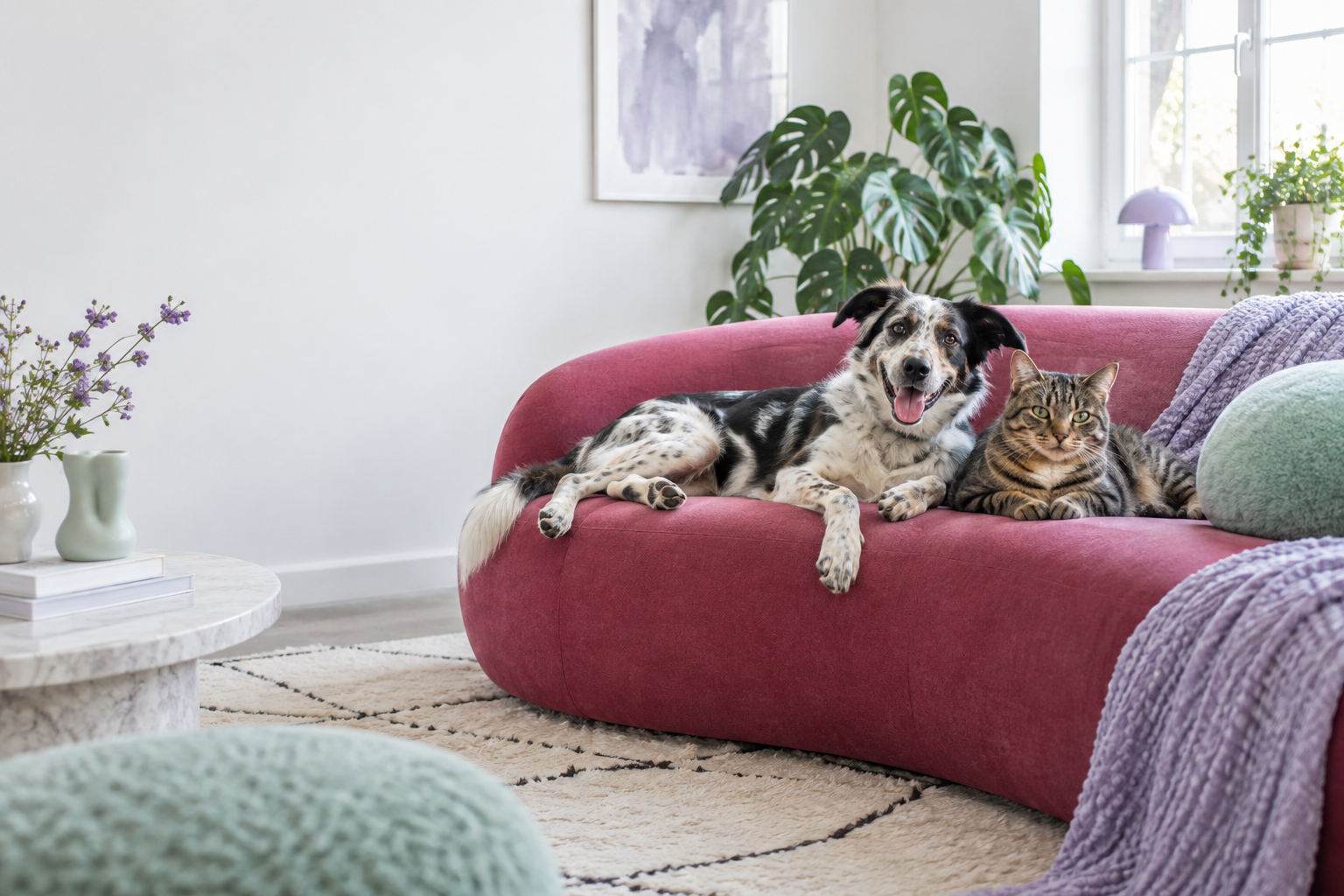 A dog and tabby cat relaxing together on a raspberry sofa